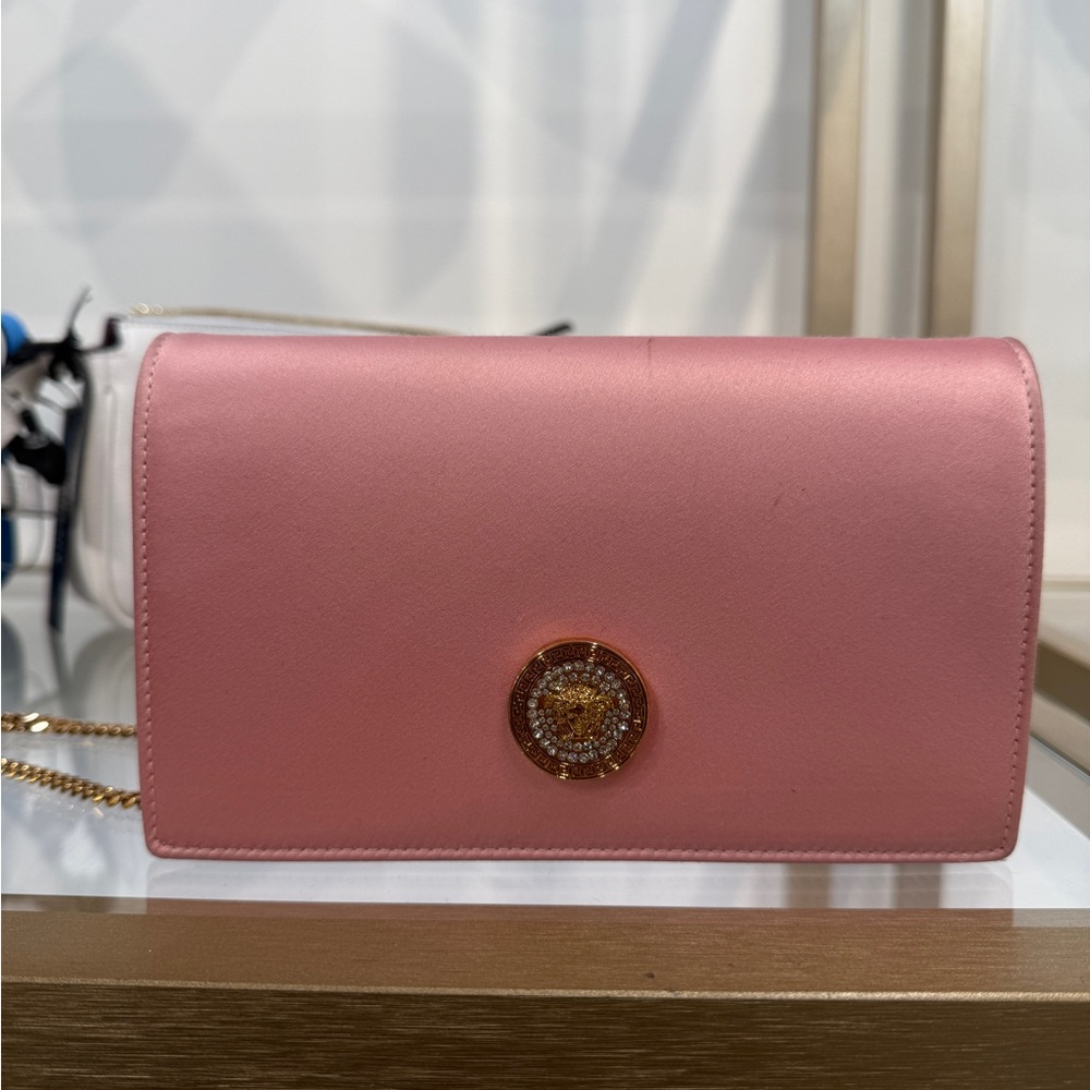 Versace crystal Medusa pink satin Clutch Bag